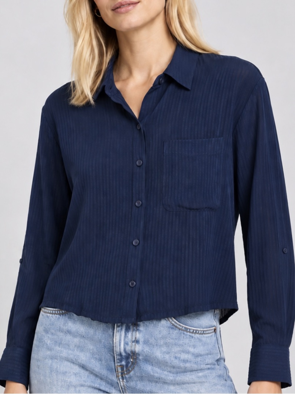 Evereve Navy Textured Tonal Stripe Button Down Shirt